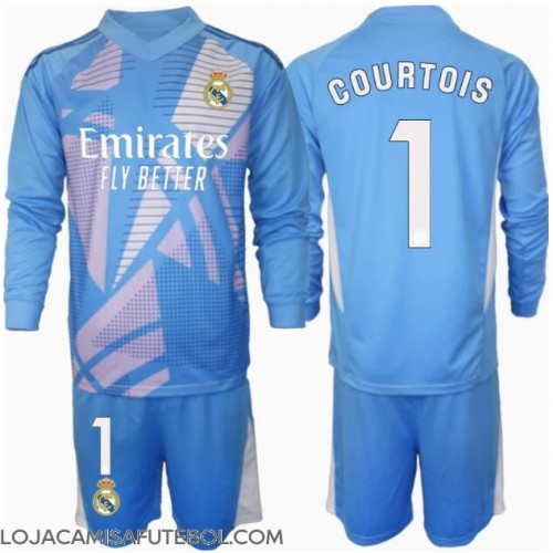 Camisa de Futebol Real Madrid Thibaut Courtois #1 Goleiro Equipamento Principal Infantil 2024-25 Manga Comprida (+ Calças curtas)